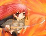  cape fire fujieda_hiro long_hair non-web_source red_eyes red_hair school_uniform shakugan_no_shana shana solo sword thighhighs weapon 