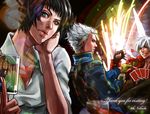  2boys aerial_fireworks black_hair brothers card chair chin_rest dante_(devil_may_cry) devil_may_cry devil_may_cry_3 fireworks henyo heterochromia holding holding_card jester jester_(dmc3) joker lady_(devil_may_cry) multiple_boys playing_card poker popped_collar siblings vergil white_hair 