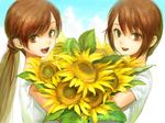  brown_hair flower heterochromia long_hair miya_(foolish_order) multiple_girls ponytail rozen_maiden short_hair siblings sisters souseiseki suiseiseki sunflower twins 