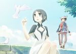  1girl arm bird black_eyes black_hair chan_co cleavage_cutout cloud day dove dress horns ico ico_(character) knees moss open_mouth sandals short_hair sitting sky standing tabard tree wall weapon wood wristband yorda 