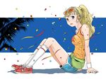  bad_id bad_pixiv_id blonde_hair blue_eyes fanny_pack freckles headphones kneehighs long_hair nike ponytail sitting socks solo sunglasses tamaoki_benkyou tank_top wristband 