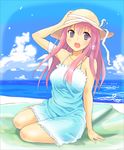  beach breasts cloud day dress hat large_breasts long_hair original outdoors pink_hair purple_eyes solo toshiya 