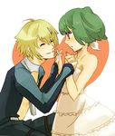  1girl bad_id bad_pixiv_id blonde_hair brera_sterne closed_eyes couple dress green_hair hair_ornament hairpin heart hetero holding_hands macross macross_frontier ranka_lee red_eyes short_hair smile tears twintails yoshi_92 