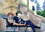  1girl barefoot bench blush_stickers broken_umbrella cigarette cowboy_bebop dak edward_wong_hau_pepelu_tivrusky_iv goggles holding holding_umbrella necktie outdoors rain red_hair shared_umbrella short_hair sitting spike_spiegel umbrella wet 