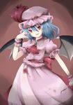  blue_hair cup drinking_glass hat head_tilt nekomoto red_eyes remilia_scarlet ribbon short_hair solo spill stain touhou wine_glass wings wrist_cuffs 