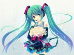  detached_sleeves flower green_eyes green_hair hatsune_miku headphones long_hair microphone rose shinia skirt solo thighhighs twintails vocaloid 