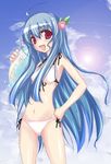  :d ahoge bad_id bad_pixiv_id bikini blue_hair fang food fruit hand_on_hip hinanawi_tenshi innertube long_hair open_mouth peach purple_eyes red_eyes side-tie_bikini smile solo swimsuit touhou yumesato_makura 