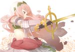  armor flower jitsu_hidari long_hair midriff original petals pink_hair red_eyes rose solo sword weapon 