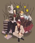  2boys ascot bad_id bad_pixiv_id beatrice black_dress black_hair blonde_hair book_stack brown_background dress formal full_body highres indian_style long_sleeves multiple_boys noshio pants red_hair ronove short_hair simple_background sitting spread_legs suit umineko_no_naku_koro_ni uniform ushiromiya_battler 