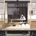  animal cat dog drinking drinking_straw house husky kusanagi_koyori original school_uniform serafuku solo 