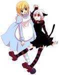  akieru_nomaki alice_(wonderland) alice_in_wonderland animal_ears apron asymmetrical_clothes bad_id bad_pixiv_id bell blonde_hair cat_ears cheshire_cat dress hair_ribbon highres kneehighs mary_janes multiple_girls red_eyes ribbon shoes short_hair single_kneehigh single_thighhigh slit_pupils socks striped striped_legwear tail thighhighs 