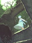  bad_id bad_pixiv_id blue_hair chomoran cirno forest nature ribbon scenery short_hair solo touhou traditional_media wings 