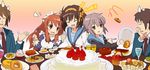  3girls asahina_mikuru blush brown_eyes brown_hair cake eating food happy ixy kita_high_school_uniform koizumi_itsuki kyon long_hair multiple_boys multiple_girls nagato_yuki pastry school_uniform serafuku short_hair suzumiya_haruhi suzumiya_haruhi_no_yuuutsu sweets waitress 