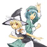  apron bad_anatomy blonde_hair blue_dress blue_eyes blue_hair brown_eyes dress flat_cap hat kawashiro_nitori kirisame_marisa long_sleeves looking_at_viewer multiple_girls pocket puffy_sleeves ruit simple_background touhou two_side_up vest waist_apron white_background witch_hat 