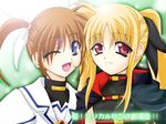  ;d aoi_sakuya black_ribbon blonde_hair blush cape closed_mouth collar fate_testarossa hair_ribbon head_tilt long_hair looking_at_viewer lyrical_nanoha magical_girl mahou_shoujo_lyrical_nanoha mahou_shoujo_lyrical_nanoha_the_movie_1st multiple_girls one_eye_closed open_mouth red_eyes ribbon sidelocks skin_tight smile takamachi_nanoha tareme text_focus translation_request twintails upper_body very_long_hair white_ribbon 