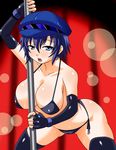  blue_eyes blue_hair blush bra breasts cabbie_hat cleavage elbow_gloves gloves hat konno_tohiro large_breasts open_mouth panties persona persona_4 pole pole_dancing shiny shiny_skin shirogane_naoto short_hair side-tie_panties solo string_panties stripper stripper_pole sweat thighhighs underwear 