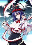  black_skirt capelet cowboy_shot electricity hat kiku_hitomoji looking_at_viewer magic nagae_iku purple_hair red_eyes shawl short_hair skirt solo touhou 