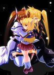  blonde_hair brown_hair comforting fate_testarossa holding hug long_hair lyrical_nanoha magical_girl mahou_shoujo_lyrical_nanoha_strikers multiple_girls non-web_source takamachi_nanoha tears thighhighs twintails vivio 