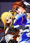  :d bardiche battle black_gloves blonde_hair brown_hair cape duel fate_testarossa fingerless_gloves gloves highres lyrical_nanoha magical_girl mahou_shoujo_lyrical_nanoha mahou_shoujo_lyrical_nanoha_the_movie_1st multiple_girls open_mouth red_eyes sidelocks smile takamachi_nanoha thighhighs twintails upper_body v-shaped_eyebrows yuuka_(o.t.kingdom) 