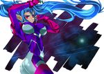  blue_hair bodysuit breasts covered_nipples gloves kisou_nowora klan_klein large_breasts long_hair macross macross_frontier pilot_suit pointy_ears purple_bodysuit red_eyes shiny shiny_clothes skin_tight solo tan very_long_hair 