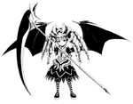  bat_wings demon_girl drill_hair fukukitaru greyscale horns long_hair monochrome original scythe solo striped twintails wings 