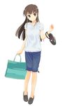  bag blouse blush brown_eyes brown_hair capri_pants full_body highres holding loafers long_hair looking_at_viewer original pants shoes shopping_bag shorts simple_background smile solo standing toshiya white_background 