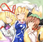  animal_ears biting blonde_hair breast_grab breasts brown_hair cat_ears cat_tail chen china_dress chinese_clothes dress earrings fox_tail grabbing groping hat inubashiri_momiji jewelry kazami_karasu long_hair long_sleeves medium_breasts multiple_girls pillow_hat ribbon short_hair tail tail_biting tassel touhou wide_sleeves yakumo_ran yakumo_yukari 