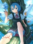  alternate_color barefoot bloomers blue_hair bow cirno feet foreshortening frog hair_bow haruno ice in_tree looking_at_viewer short_hair sitting sitting_in_tree smile soles solo toes touhou tree underwear wings 