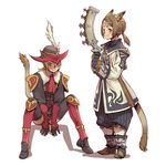  animal_ears armor bad_id bad_pixiv_id blonde_hair blue_eyes boots branch_(blackrabbits) brown_hair cat_ears cat_tail circlet cravat feathers final_fantasy final_fantasy_xi hat mithra multiple_girls red_mage sitting smile tail thighhighs weapon 
