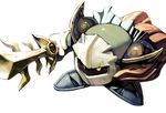  armor cape galaxia_(sword) kirby_(series) koki_(ryoushikiha) mask meta_knight no_humans simple_background solo sword weapon white_background yellow_eyes 