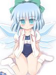  blue_eyes blue_hair blush bow cirno no_pants one-piece_swimsuit open_clothes open_shirt ry school_swimsuit shirt short_hair socks solo swimsuit swimsuit_under_clothes touhou wings 