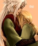  1girl black_eyes blonde_hair couple forehead_protector head_on_chest height_difference hetero hug japanese_clothes jiraiya kimono long_hair low_twintails maren_marmulla naruto_(series) ninja old_man orange_background ponytail profile simple_background smile source_request tsunade twintails very_long_hair white_hair 
