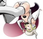  arrancar ass bleach blonde_hair bob_cut center_opening detached_sleeves flat_chest helmet hole_on_body horns kazuki_sanbi lilynette_gingerbuck no_bra open_mouth panties pink_eyes short_hair skull solo thighhighs underwear upside-down vest white_legwear 