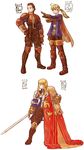  2girls agrias_oaks armor cape delita_heiral final_fantasy final_fantasy_tactics highres ikeda_(cpt) multiple_boys multiple_girls ovelia_atkascha protecting ramza_beoulve sword weapon 