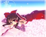  bare_shoulders blush brown_hair detached_sleeves dress hair_tubes hakurei_reimu long_sleeves lying on_stomach petals red_dress red_eyes ribbon-trimmed_sleeves ribbon_trim sidelocks solo soukuu_kizuna touhou 