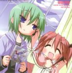  album_cover androgynous blue_eyes cover earphones flat_chest green_hair iwasaki_minami kobayakawa_yutaka lucky_star multiple_girls non-web_source red_hair shared_earphones short_hair short_twintails twintails yoshimizu_kagami 