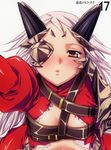  absurdres aldra_(queen's_blade) beltbra blush eyepatch gold_trim highres incoming_kiss kantaka long_hair looking_at_viewer queen's_blade scan silver_hair solo translated yellow_eyes 