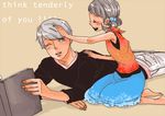  1girl bad_id bad_pixiv_id bare_shoulders beige_background book doujima_nanako holding holding_book kneeling long_sleeves lying narukami_yuu on_stomach open_book persona persona_4 reading short_hair silver_hair simple_background sweater ten_(ch) 