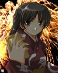  1girl aerial_fireworks fireworks hana_(hana_mo_arashi_mo) japanese_clothes kimono original smile solo yukata 