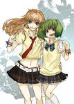  bad_id bad_pixiv_id belt blue_eyes brown_eyes brown_hair green_hair jan long_hair macross macross_frontier midriff multiple_girls necktie plaid plaid_skirt ranka_lee sheryl_nome short_hair skirt 