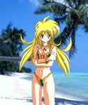  90s ahoge beach bikini blonde_hair blush bracelet breasts cleavage crossed_arms day ginga_ojou-sama_densetsu_yuna jewelry long_hair lowres medium_breasts navel necklace non-web_source oldschool orange_eyes outdoors palm_tree photo_background shiratori_miki sky solo swimsuit tree water 