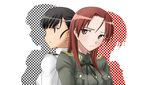  absurdres back-to-back black_hair black_ribbon breast_pocket brown_eyes brown_hair closed_mouth collared_shirt expressionless eyepatch green_shirt head_tilt highres hisou_noa long_hair looking_at_viewer military military_uniform minna-dietlinde_wilcke multiple_girls pocket profile ribbon sakamoto_mio shirt straight_hair strike_witches uniform upper_body wing_collar world_witches_series 