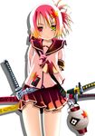  autumn bad_id bad_pixiv_id belt derivative_work gradient_hair hair_ornament hairclip heterochromia katana lantern leaf multicolored_hair original rindou_(awoshakushi) school_uniform serafuku solo sword weapon 