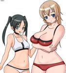  bad_id bad_pixiv_id bikini black_hair blonde_hair blue_eyes blush breast_hold breasts charlotte_e_yeager cleavage curvy francesca_lucchini green_eyes large_breasts monmonism multiple_girls navel small_breasts smile strike_witches swimsuit twintails world_witches_series 