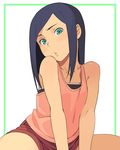  bare_shoulders black_hair blush go_robots green_eyes head_tilt long_hair looking_at_viewer naha_midori short_hair shorts simple_background sleeveless solo spread_legs tank_top telepathy_shoujo_ran white_background 