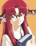  bespectacled book face glasses head_wings koakuma long_hair orange_background pointy_ears red_eyes red_hair shiba_itsuki simple_background solo touhou 