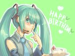  aqua_eyes aqua_hair aryus bad_id bad_pixiv_id birthday blush cake detached_sleeves english food green_background happy_birthday hatsune_miku headset heart long_hair necktie pastry plate simple_background slice_of_cake solo twintails very_long_hair vocaloid 
