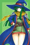  belt belt_pouch green_eyes green_hair hat long_coat long_hair masou_shizuka michael panties pantyshot pouch rance_(series) rance_vi scarf solo underwear witch_hat 