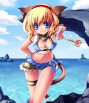  animal_ears bikini blonde_hair blue_eyes cat_ears cat_tail day final_fantasy final_fantasy_xi mithra ocean solo swimsuit tail tankini thigh_strap uni_(uniuni5) wand 