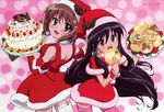  black_hair bread brown_eyes brown_hair cake capelet christmas food highres jpeg_artifacts long_hair melon_bread multiple_girls non-web_source pastry santa_costume shakugan_no_shana shana short_hair thighhighs yoshida_kazumi 